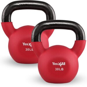 Yes4All Kettlebell, 5-65 LB Neoprene Coated Cast Iron Kettlebells, Wide Grip Handle & Flat Bottom for Swings, Squats, Deadlifts, Push Ups & Full Body Training at Home Gym – Single & Set