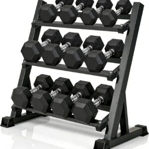 Rubber Hex Dumbbells with Storage Rack 350/450/550 LBS – Free Dumbbell Weight Set for Home Gym Equipment Exercise & Fitness Dumbbells for Strength Training