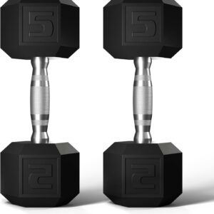 GRETERST Hex Dumbbells Set Rubber Coated Hand Weights Exercise & Fitness for Home Gym Workouts Weight Strength Training, Set of 2, Black, 5LB