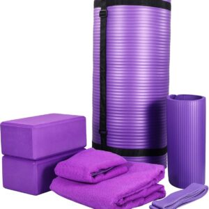BalanceFrom 7-Piece Yoga Set with 71x24x1 Inches Extra Thick Mat and Carrying Sling – Includes 2 Blocks, Stretch Strap, 2 Towels, and Knee Pad for Home, Studio, and Gym Workouts