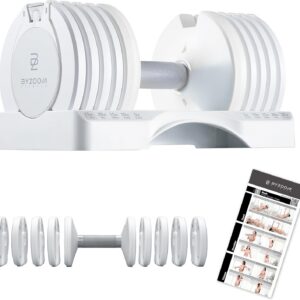 BYZOOM FITNESS Pure Series Adjustable Dumbbell – 12.5/25/27.5/50/55/75lb – ONE UNIT OR PAIR(check QTY before purchase) – 5-in-1/ 10-in-1 / 15-in-1 / 21-in-1 Flexible Hand Weights for Home Apartment Garage Gym, Strength Training & Fitness Workouts, White OR Black