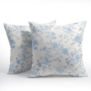 Kawani Baby Blue Floral Pillow Covers 18×18 Inch Set of 2 Blue and Cream Chinoiserie Flower Outdoor Decorative Throw Pillows Vintage Rustic Toile Pillowcases Cushion Covers for Couch Home Decor