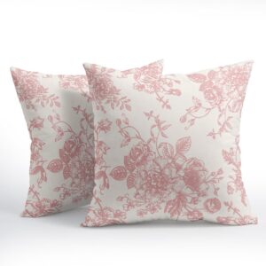 Kawani Pink and Cream Floral Pillow Covers 18×18 Inch Set of 2 Vintage Throw Chinoiserie Flower Pillowcases Farmhouse Cotton Linen Cushion for Couch Bed Sofa Chair Home Decor