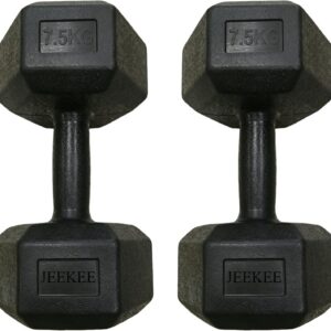 JEEKEE 7.5KG Hex Dumbbells (Pair), Rubber Encased Solid Cast Iron, Anti-Roll Hexagon Shape, Non-Slip Ergonomic Grip, Rustproof Coating, Full Body Strength Training, Home Gym Workout Equipment, Black