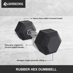 LIONSCOOL Odorless Rubber Encased Hex Dumbbells in Pairs or Single, Hand Dumbbell Weight with Metal Handle for Strength Training, Resistance Training, Build Muscle and Full Body Workout, 5-65lbs