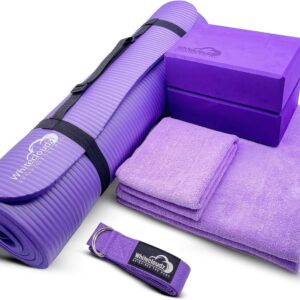 WHITECLOUDZ Yoga kit, 7-Piece Yoga Mat Set for Home Workouts, Thick Yoga Mat, Yoga Blocks, Strap, Yoga Towels & Carrying Bag, Exercise Mat with Yoga Equipment for Women & Men, Enhance Yoga Practice