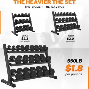 Mikolo Dumbbell Sets with Rack, Rubber Hex Dumbbells, Multiple Choices in 160/200/380/450/550LB, Hand Weights with Chrome Handle for Strength Training