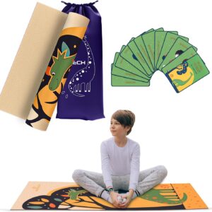 Abtech Kids Yoga Mat Set – Comfortable Dinosaur Kid Yoga Mat Boy with 12 Yoga Cards, Storage Bag, Beige Play Mat Thick for Gymnastics Mat, Exercise Mat, No-Toxic and Non-Slip for Ages 3-12