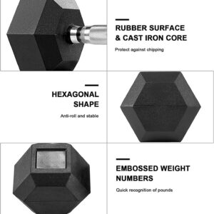 LIFERUN Single Dumbbell Rubber Coated Cast Iron Hex Black Dumbbell Free Weights, 30-85lb