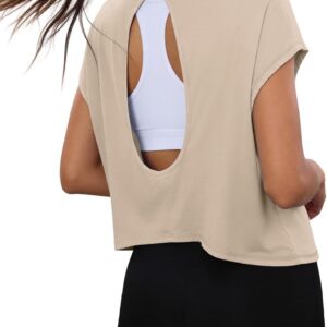 Totatuit Womens Open Back Workout Tops Oversized Crop Gym Shirts Loose Fit Short Sleeve Athletic Tee for Running Yoga