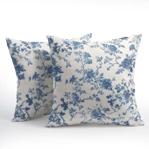 Kawani Blue Floral Pillow Covers 18×18 Inch Set of 2 Blue and Cream Chinoiserie Flower Outdoor Decorative Throw Pillows Vintage Rustic Toile Pillowcases Cushion Covers for Couch Home Decor