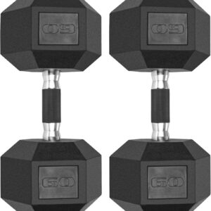 LIFERUN Rubber Grip Dumbbells Rubber Coated Cast Iron, with Anti-Slip Hex Black Dumbbell, Free Weights Dumbbell Set, 60lb/ 65lb/ 70lb/ 75lb dumbbells set of 2