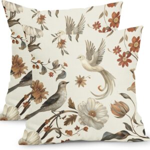 Kawani Vintage Floral Pillow Covers 18×18 Inch Set of 2 Cream Chinoiserie Flower and Bird Outdoor Decorative Throw Pillows Retro Rustic Pillowcases Farmhouse Cushion Covers for Couch Home Decor