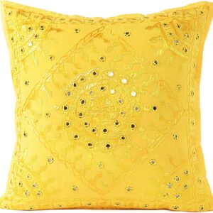 Embroidered Decorative Boho Throw Pillow Cover with Mirrors, Handmade Bohemian Accent Cushion Case for Sofa Couch Bedroom Living Room (Yellow, 24″ x 24″)