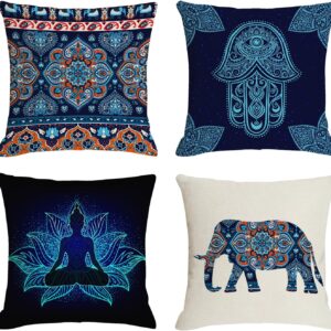 Jartinle Navy Mandala Pattern Throw Pillow Covers 18×18 Set of 4 Boho Accents Decorative Throw Pillows for Couch, Sofa, Outdoor Patio Bohemian Decor