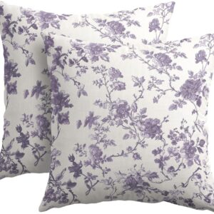 Lavender Purple Floral Pillow Covers 18×18 Inch Set of 2 Purple and Cream Chinoiserie Flower Outdoor Decorative Throw Pillows Vintage Rustic Toile Pillowcases Cushion Covers for Couch Home Decor