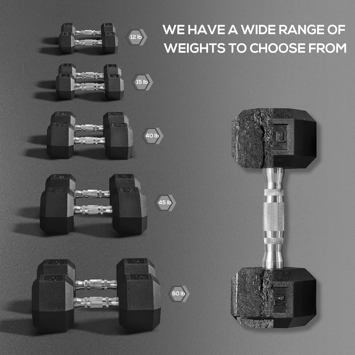 Soozier 2 x 12lbs/2 x 15lbs/2 x 40lbs/2 x 45lbs/2 x 50lbs Hex Dumbbell Set of 2, Rubber Weights Exercise Fitness Dumbbell with Non-Slip Handles, Anti-roll, for Women or Men Home Gym Workout - Image 3
