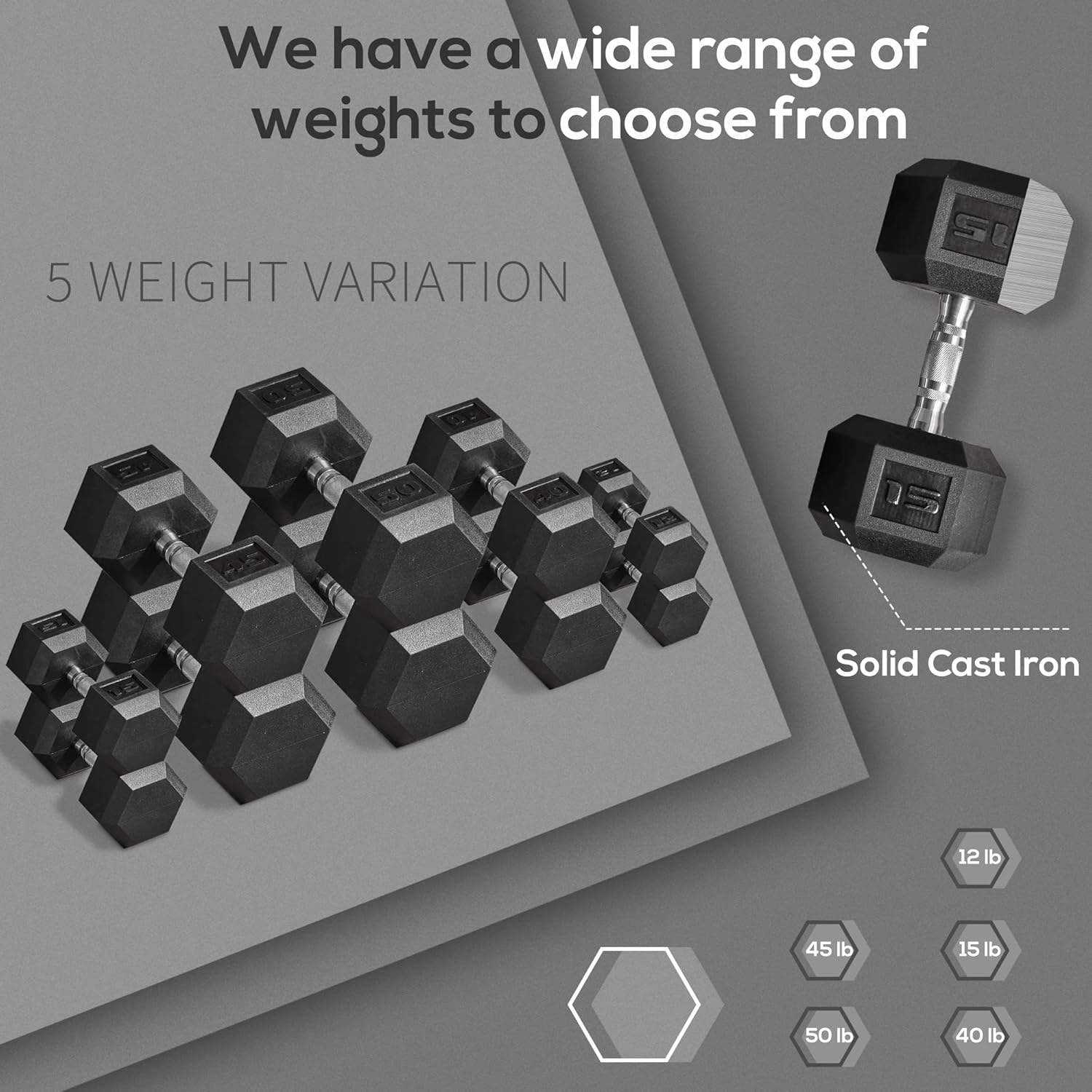 Soozier 2 x 12lbs/2 x 15lbs/2 x 40lbs/2 x 45lbs/2 x 50lbs Hex Dumbbell Set of 2, Rubber Weights Exercise Fitness Dumbbell with Non-Slip Handles, Anti-roll, for Women or Men Home Gym Workout - Image 8