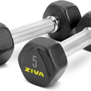 ZIVA Premium Hex Dumbbells – Commercial Grade Rubber Urethane Coated Free Weights for Strength Training, Weightlifting, Home Gym – Durable Steel Core – Sold in Pairs and Sets