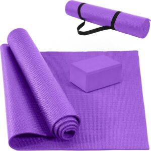 Signature Fitness All Purpose 0.25 Inch Thick High Density No Tear Exercise Yoga Mat w/Strap & Lightweight Features for Indoor & Outdoor Use, Purple