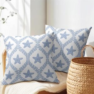 Coastal Pillow Covers 18×18 Set of 2 Ocean Starfish Pattern Decorative Light Blue Pillowcases Outdoor Beachy Throw Pillow Covers with Zipper Soft Cozy for Sofa Bed Chair Living Room Home Decor