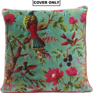 Velvet Floral Flower Bird Throw Pillow Sofa Cushion Cover Case Couch Colorful Boho Chic Bohemian Accent Indian Handmade (Green, 20″ x 20″)