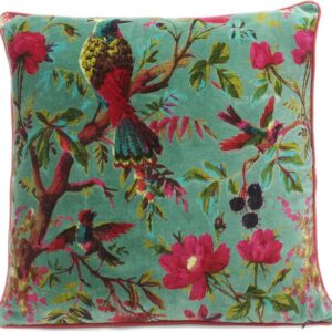 Velvet Floral Flower Bird Throw Pillow Sofa Cushion Cover Case Couch Colorful Boho Chic Bohemian Accent Indian Handmade (Green, 20″ x 20″)