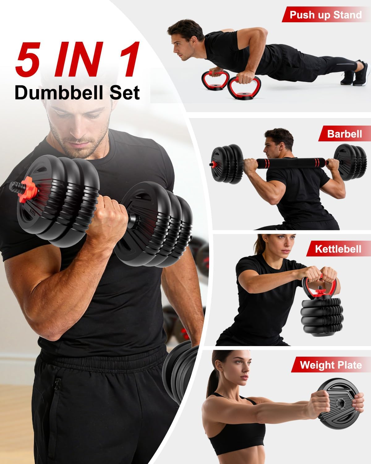 Adjustable Dumbbells, 20/30/45/70/90lbs Free Weight Set with Connector,5 in1 Dumbbells Set Used as Barbell,Kettlebells,Push up Stand,Fitness Exercises for Home Gym Suitable Men/Women - Image 5