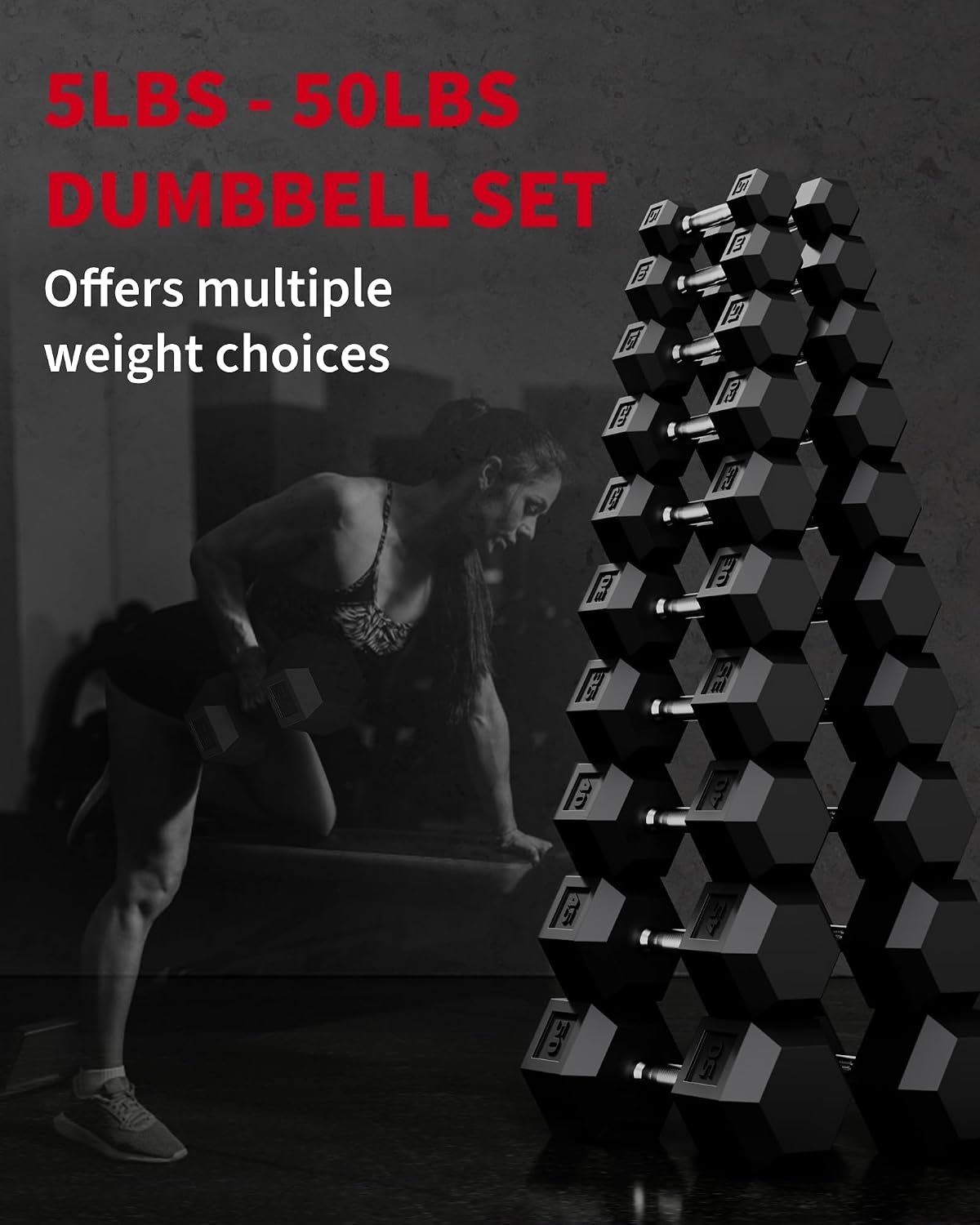 Garvee 5-50 LB Hex Dumbbell Set of 2, Hand Weights Dumbbells Pair with Cast Iron Core, Rubber Encased Coating and Textured Carbon Steel Handle for Home Gym Strength Training - Image 7