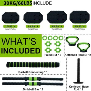 Adjustable Weight Set 66/88 Lbs, 4-in-1 Dumbbell Set and Barbell Weight Set for Home Gym, Converts to Kettlebell & Push-Up Stand, Free Weights Dumbbells Set for Men & Women Full Body Workout
