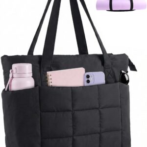 U+U Puffer Tote Bag for Women, Quilted Work Handbag with Compartments, Puffy Shoulder Bag with Yoga Mat Strap for Daily, Gym