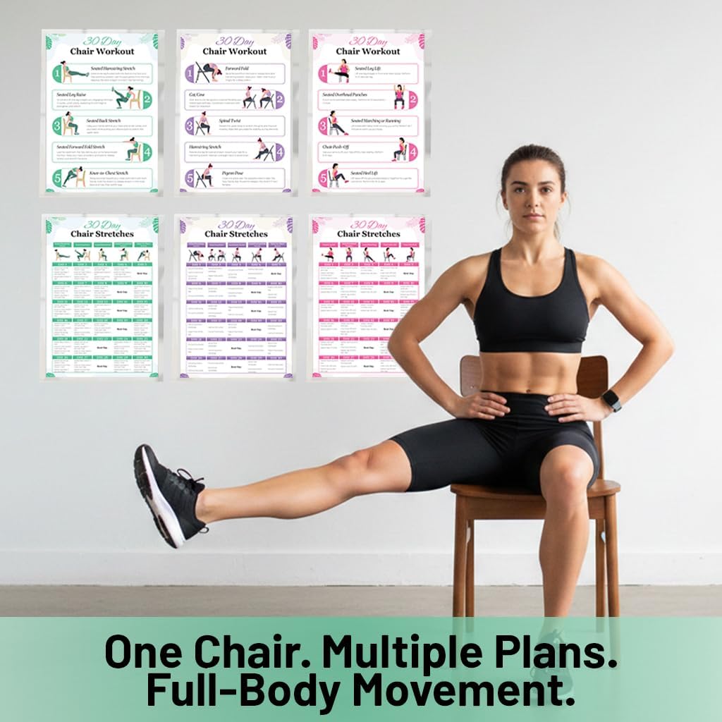 Chair Yoga & Tai Chi Poster for Seniors & Beginners - Set of 6 Laminated Charts - Gentle Seated Exercises for Stiffness, Joint Pain & Stress Relief - Easy to Follow 30-Day Challanges Home Workout Guide - Image 2