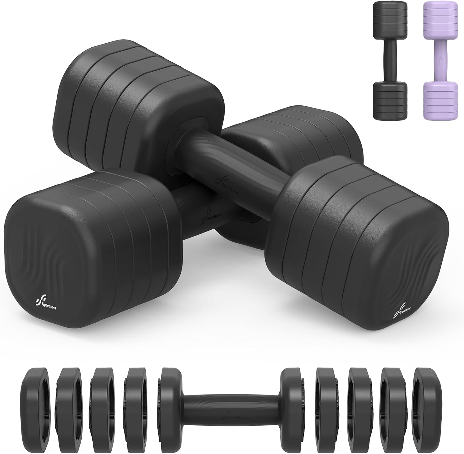 Adjustable Dumbbell Set of 2: Sportneer 4 in 1 Free Weights Dumbbells Set for Women, Hand Weights for Women at Home, Each 2lb 4lb 6lb 8lb 10lb Weights with Soft Rubber Handle for Home Gym Exercise Training