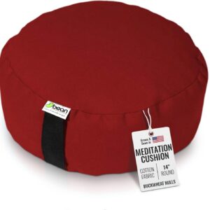 BEAN PRODUCTS Zafu Meditation Pillows for Sitting on Floor, Yoga Cushion, Cotton/Buckwheat fill Yoga Pillow, Zafu Meditation Cushion, Zen Kneeling Prayer Pad- MADE IN USA – 14″ ROUND – RED