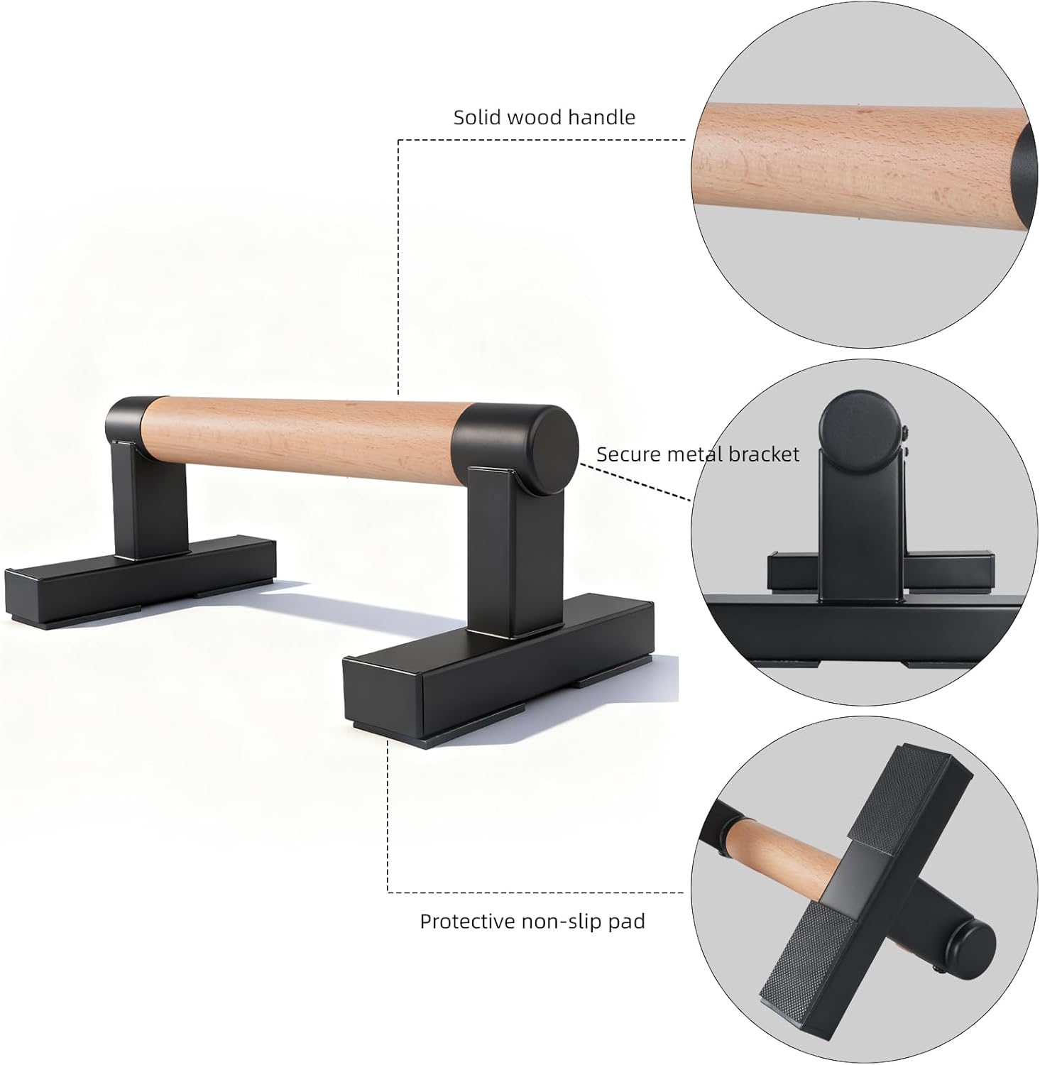 1 Pair Wooden Parallettes Push Up Bars for Men, Strength Training Pushup Stands Handles for Home Calisthenics, Fitness, Floor Workouts Bars Solid Wood with Metal Bracket - Support 600 lbs - Image 3