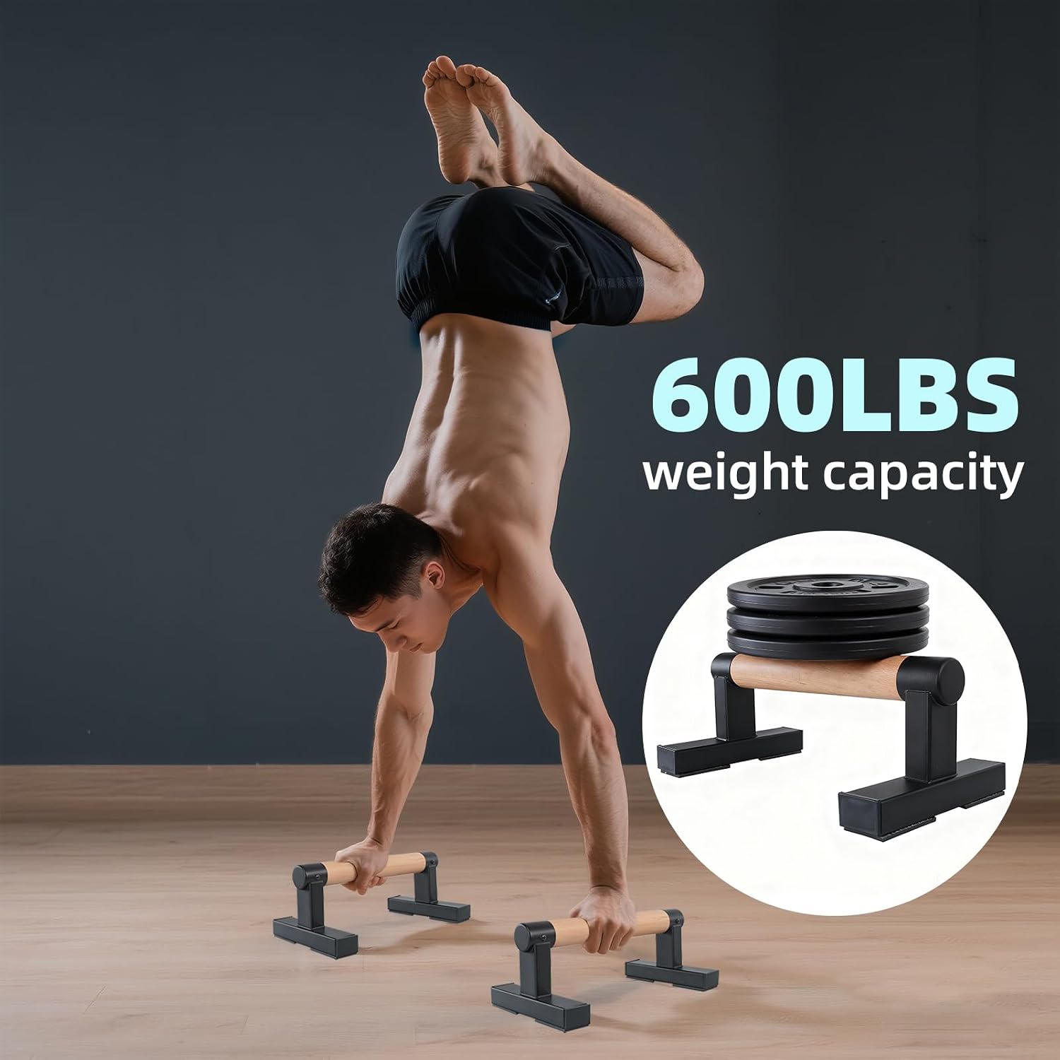 1 Pair Wooden Parallettes Push Up Bars for Men, Strength Training Pushup Stands Handles for Home Calisthenics, Fitness, Floor Workouts Bars Solid Wood with Metal Bracket - Support 600 lbs - Image 4