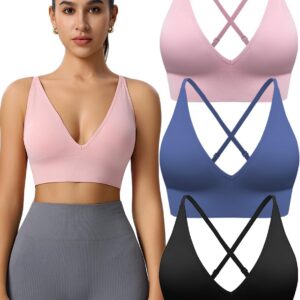 Evercute Women’s Sports Bras 3/4 Pack Adjustable Deep V Neck Bras Wireless Spaghetti Strap Criss Cross Padded Low Support Bra