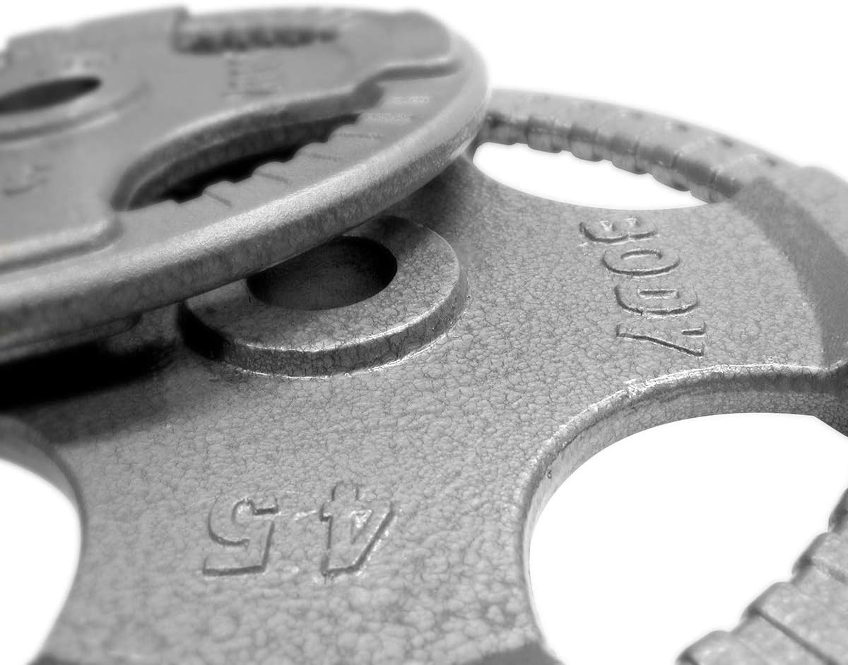 Body-Solid (OST255) Cast Iron Olympic Quad Grip Design Weight Plate Set - Free Weights, Dumbbell Plates, 2 Inch Standard Hole for All Barbell Types, 255 Pound Total Weight Sets - Image 2
