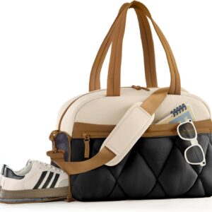 Gym Bag for Women, Puffer Travel Duffle Bag With Shoes Compartment & Wet Pocket, Carry On Tote Bag For Weekender, Overnight, Sport duffel bags for traveling (Beige & Brown, Medium)