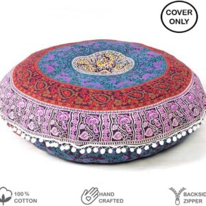 Mandala Floor Pillow Cover Meditation Cushion Seating Throw Hippie Round Colorful Decorative Bohemian Indian Pouf Ottoman Handmade Cover ONLY (K1 Dark Blue 1, 32″ x 32″)