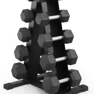 Marcy 150 lb Rubber Hex Dumbbell Set with Rack – Cast Iron Core, Anti-Roll Hex Design, Home Gym Strength Training Weight Set