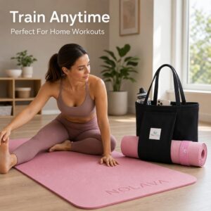 Nolava Yoga Mat with Bag – 72 x 24 inch, 1/4 inch Thick Non-Slip Mat – Includes Slap Band, Black Zippered Carry Tote with Mat Sleeve & Inner Pocket – For Yoga, Pilates, Home or Studio.