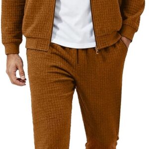 UOUA Men’s Tracksuit 2 Piece Sets Casual Sweatsuit with Full Zip Athletic Jogging Suits Waffle Plaid Jacquard Outfits