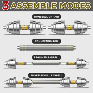 PHOEROS Adjustable Dumbbell Set – 44/66/88 LBS weights set, Dumbbell Barbell 3 in 1, Steel Dumbbells Pair with Connecting Rod for Adults Women Men Fitness Workout, Home Gym Exercise Training Equipment