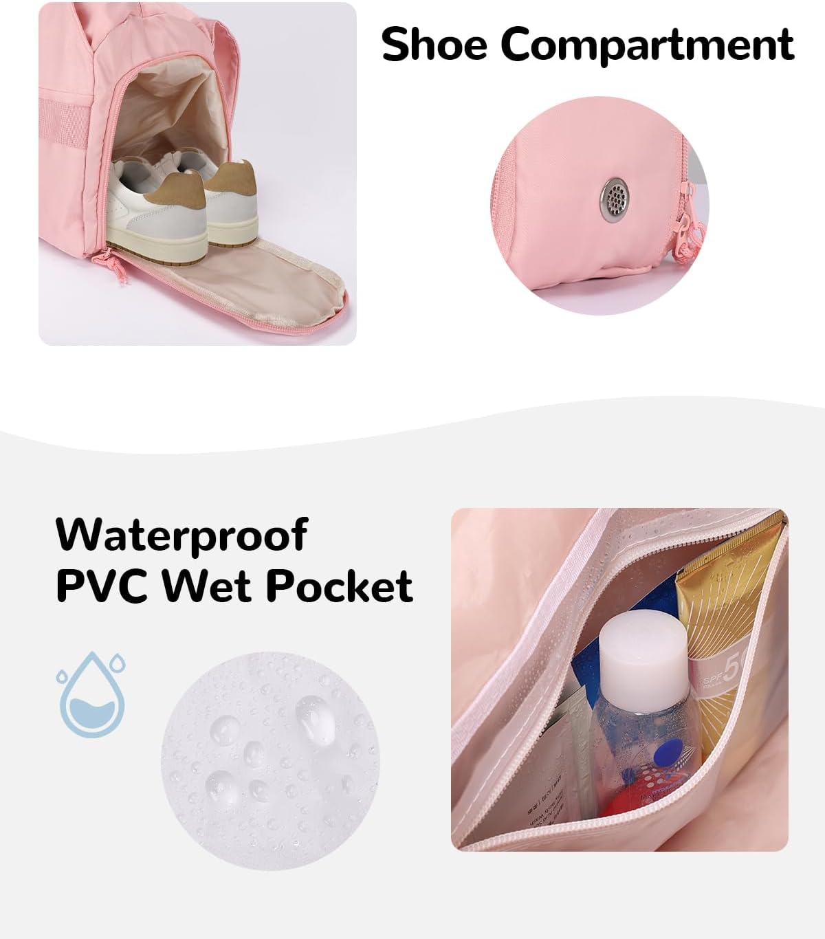 20L Small Gym Duffel Bag with Water Bottle Holder & Shoe Compartment for Women, Travel Duffel Bag with Wet Pocket for Yoga, Pink - Image 3