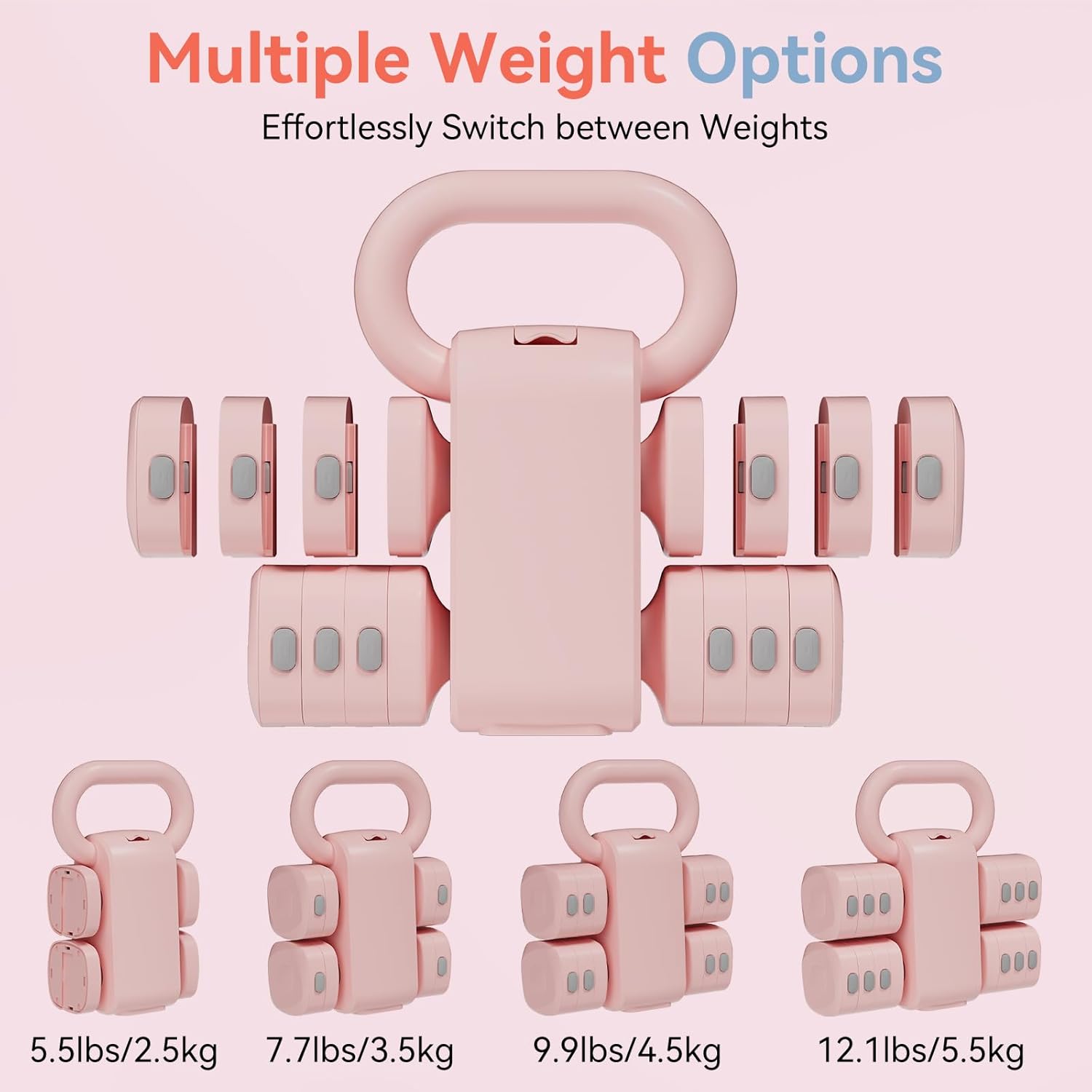 Pink Dumbbell Set for Women - Adjustable Kettlebell Weights Set, 4-in-1 Hand Weights (2.2-12.1lbs) | Free Weights Dumbbells Set for Home Exercise & Fitness - Image 3