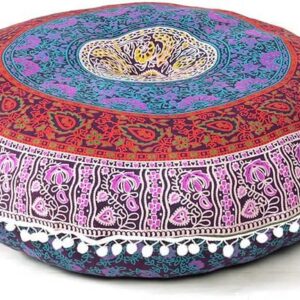 Mandala Floor Pillow Cover Meditation Cushion Seating Throw Hippie Round Colorful Decorative Bohemian Indian Pouf Ottoman Handmade Cover ONLY (K1 Dark Blue 1, 32″ x 32″)