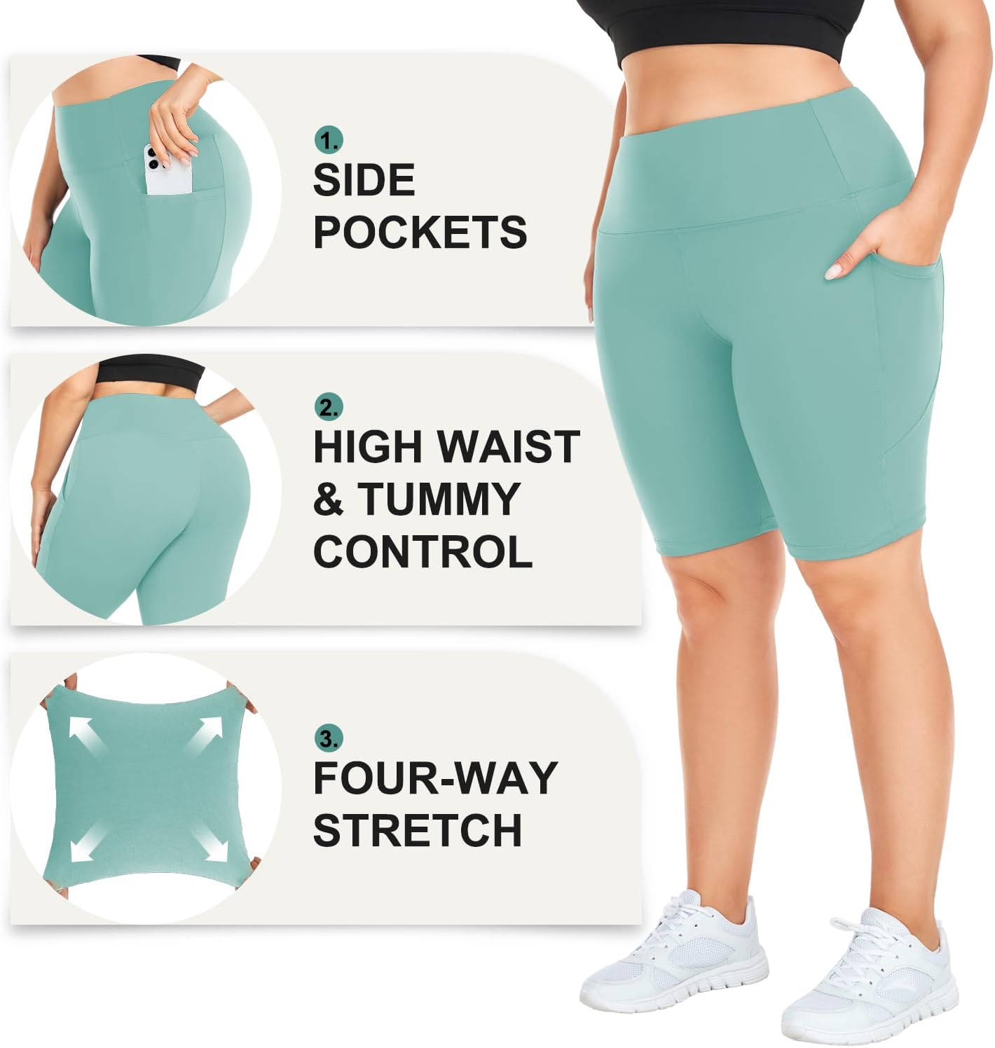 MOREFEEL Plus Size 8" Biker Shorts with Pockets for Women – High Waisted Tummy Control Black Yoga Shorts (XL-4XL) - Image 5