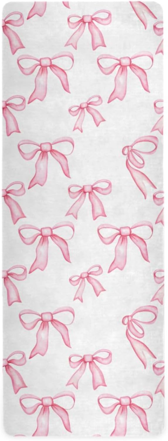 Blush Bow Pattern Thin Yoga Mat with Bag Included, Non Slip Fitness Workout Mat, Foldable Suede Rubber Yoga Mat for Yoga Pilates and Fitness, 70.8" L x 26" W x 1mm