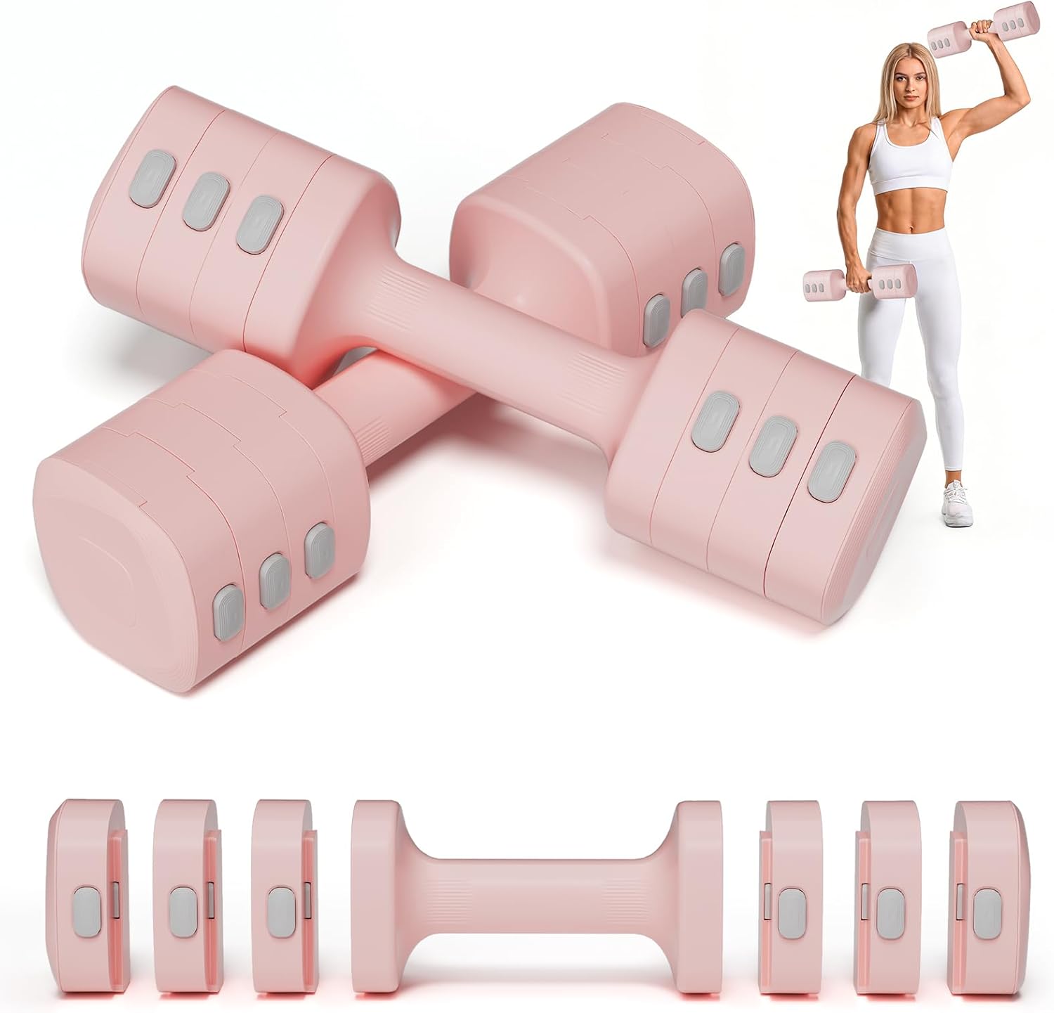 Pink Dumbbell Set for Women - Adjustable Kettlebell Weights Set, 4-in-1 Hand Weights (2.2-12.1lbs) | Free Weights Dumbbells Set for Home Exercise & Fitness